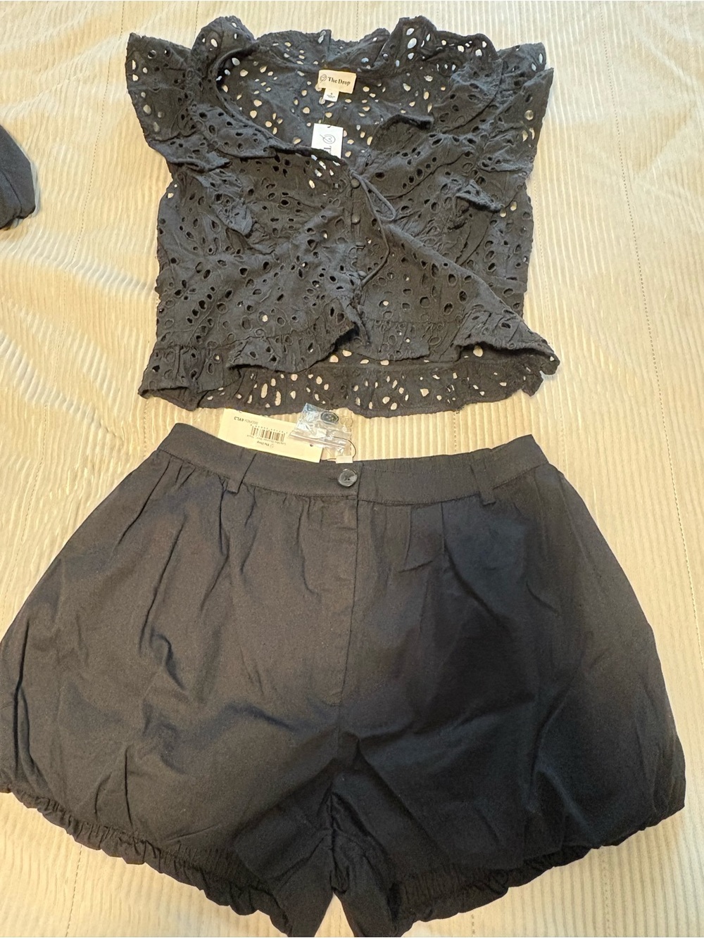 NWT The Drop- Black Eyelet Crop Top and Black Bubble Shorts Set